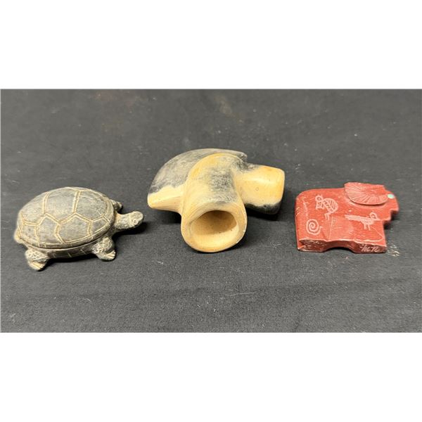 Qty 3 Carved Figurines: Soapstone Turtle, Bighorn Ram Fetish & Pipe Head, Misc Sizes