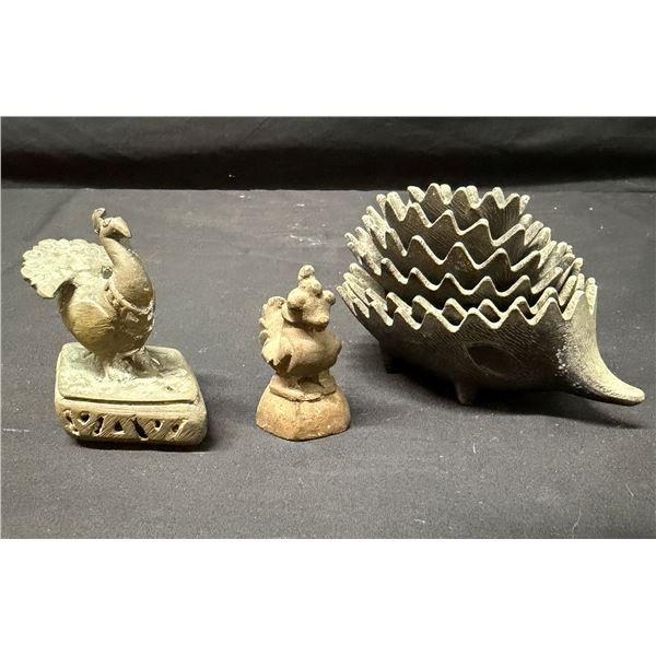 Qty 3 Carved Figurines: Indian Clay Rooster, Vajra & Hedgehog Ashtray Set, Misc Sizes