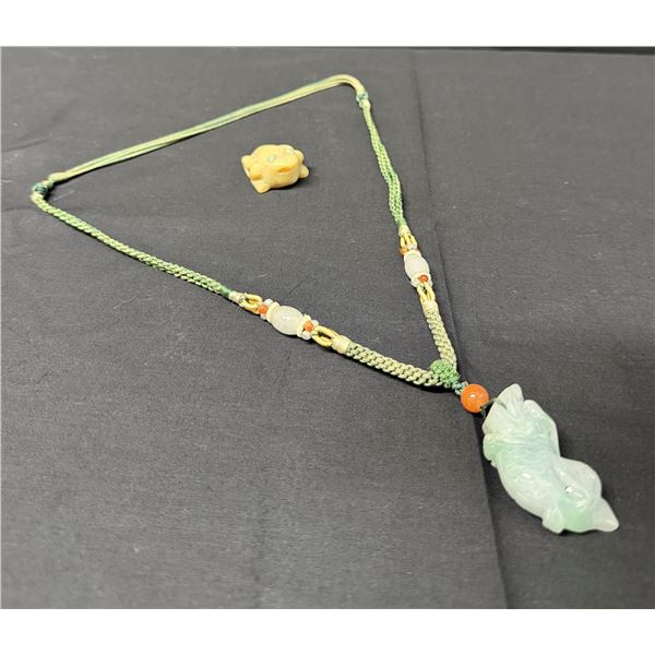 Jadeite Dragon Fish Pendant & Stone Frog w/ Turquoise Eyes Figurine, Misc Sizes