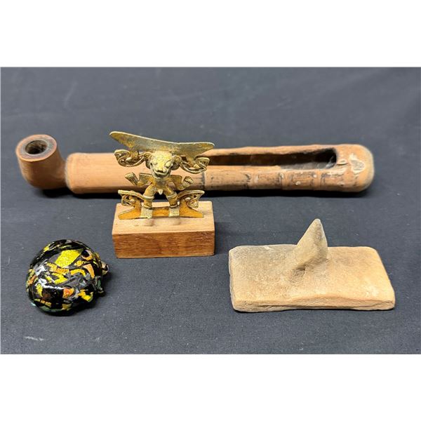 Japanese Bamboo Pipe Case, Art Glass, Terracotta Stamp & Reproduction Pre-Columbian Pectoral