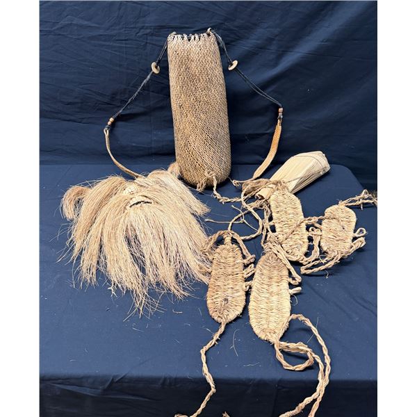 Multiple Woven Japanese Artifacts: Waraji Sandals, Drawstring Quiver & Rice Demon Mask, Misc Sizes
