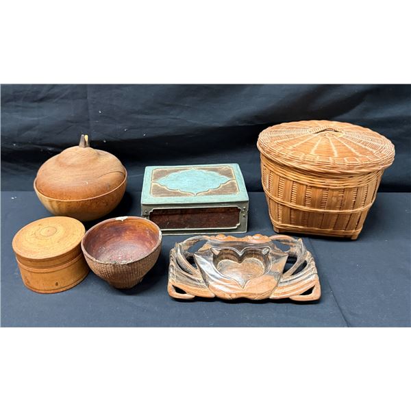 Multiple Wooden Bowls, Lidded Boxes, Woven Fiber Bowl, Japanese Spinning Top Game, etc Misc Sizes