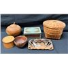 Image 1 : Multiple Wooden Bowls, Lidded Boxes, Woven Fiber Bowl, Japanese Spinning Top Game, etc Misc Sizes