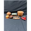 Image 2 : Multiple Wooden Bowls, Lidded Boxes, Woven Fiber Bowl, Japanese Spinning Top Game, etc Misc Sizes