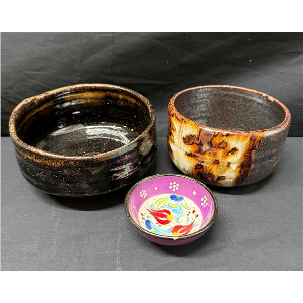 Qty 2 Ceramic Glazed Bowls & Ramekin Marked Handmade, Misc Sizes