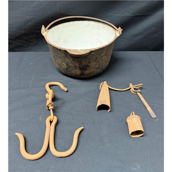 Enameled Iron Cauldron Circa 1900, Multi-Pronged Iron Hooks & Bells, Misc Sizes