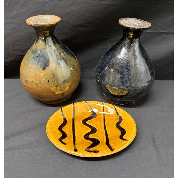 Qty 2 Late Qing Dynasty Stoneware Wine Bottles & Japanese Mingei Dish, Misc Sizes