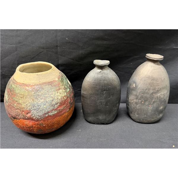 Volcanic Glazed Jar & 2 Greyware Flasks (1 w/ Maker's Mark), Misc Sizes
