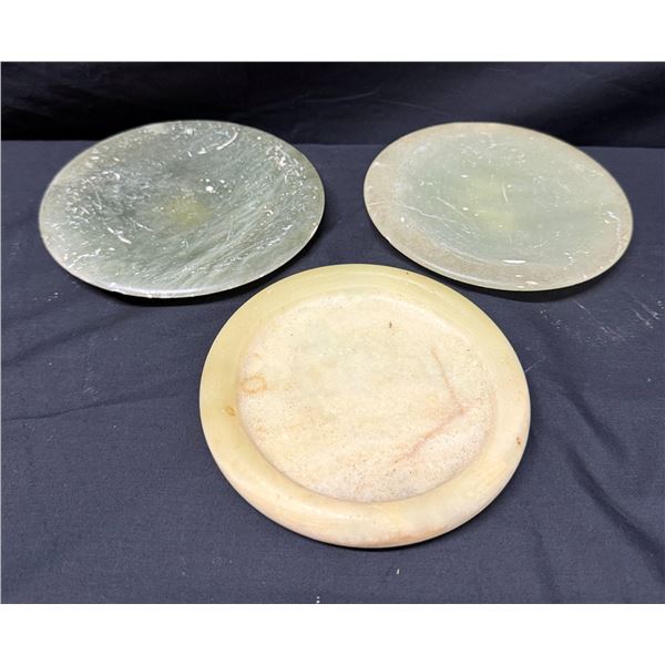 Qty 3 Stone Plates: 2 Korean Serpentine Saucers & Unidentified Stone Saucer Approx. 6" Dia