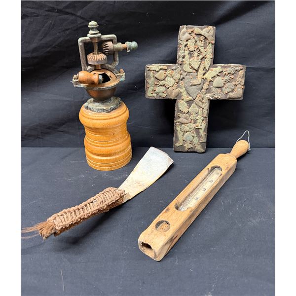 Mexican Milagros Cross, Wooden Thermometer, Hand-Crank Grinder & Coconut Scraper Tool, Misc Sizes