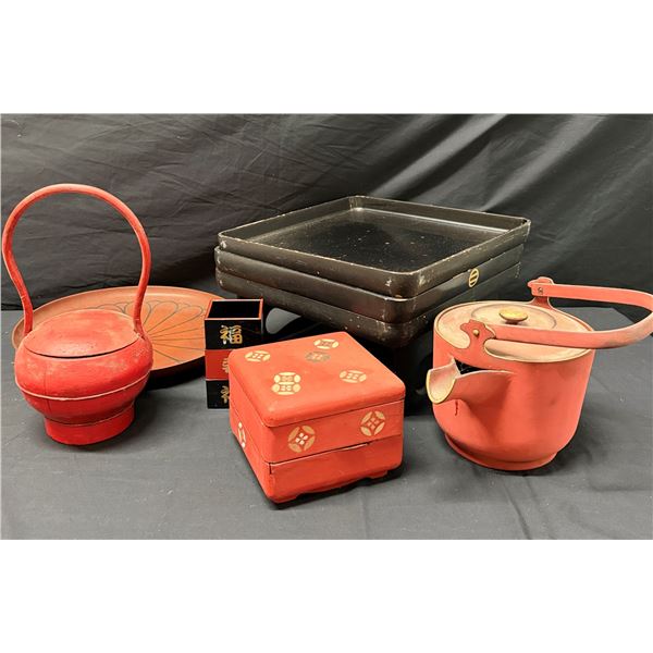 Vintage Asian Lacquerware Items: Stacking Trays, Sake Kettle, Jubako Bento Box, etc Misc Sizes