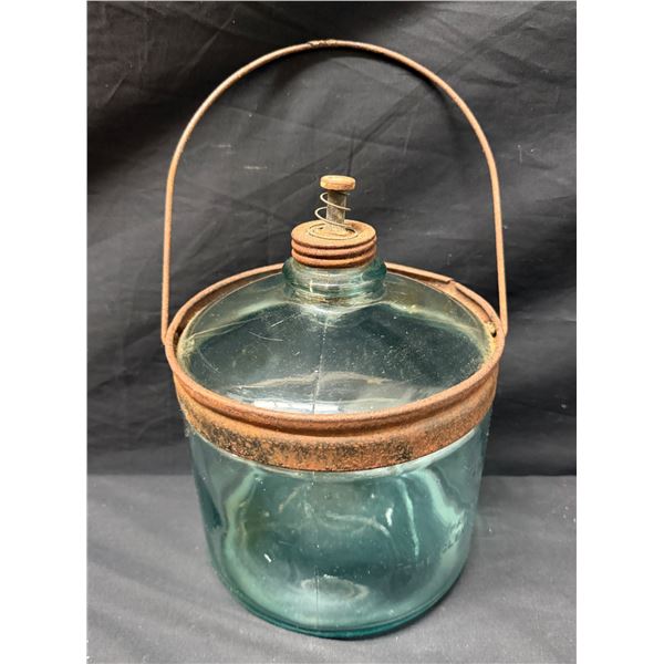 Cleveland Metal Products Glass Kerosene Fuel Reservoir or Refill Jar Circa 1920, 8" Dia, 6.5"H