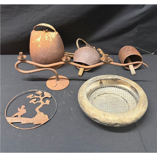 Multiple Vintage Metalware: Iron Candelabra, Cow Bells, Incense Burner, Medallion, etc Misc Sizes