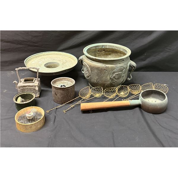 Multiple Vintage Metalware: Hibachi Bowl, Mesh Skimmers, Floral Frogs, Kettle, etc Misc Sizes