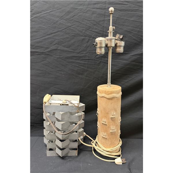 Qty 2 Lamps: Carved Folk Art Lamp Base & Metal Chevron Table Lamp, Circa Mid-Century, Misc Sizes