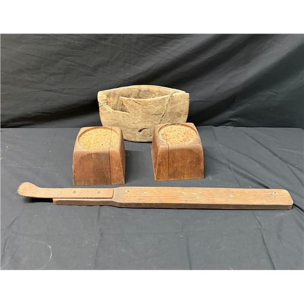 Vintage Wooden Artifacts: Antique Coconut Scraper, Wooden Collection Trough & Pair of Blocks