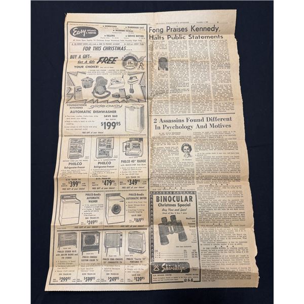 Sunday Star-Bulletin & Advertiser Newspaper Page Dated 12/1/63 Kennedy Assassination 22" x 15"