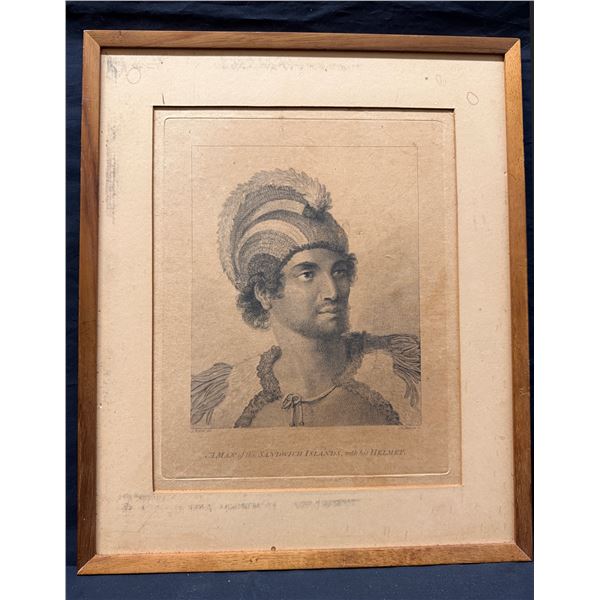 A Man of the Sandwich Islands w/ Helmet Copper-Plate Engraving, 14" x 17", Wood Framed & Matted