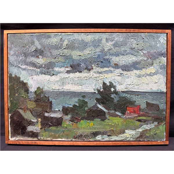 Coastal Village Oil Painting on Canvas, Artist Unknown, 17" x 12", Wood Framed