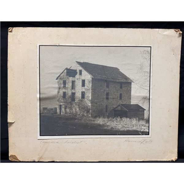 Vintage Stone Building Photographic Image Marked Aurora Derelict 1957 w/ Artist Signature, 14" x 11"