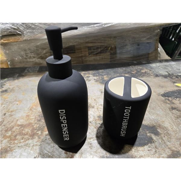 Two 2pc Glass Bathroom Hand Soap Dispenser & Tooth Brush Holders