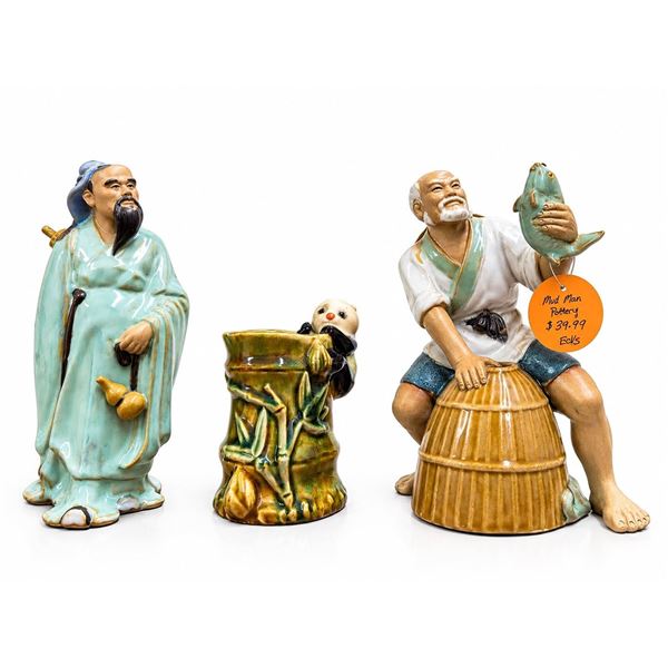 3 Chinese Mudman Pottery Figurines with Glazed Finish