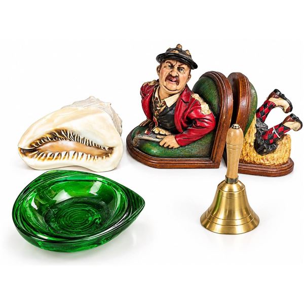 4 Items: Novelty Bookends, Brass Bell, Large Shell, Green Glass Dish