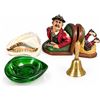 Image 1 : 4 Items: Novelty Bookends, Brass Bell, Large Shell, Green Glass Dish