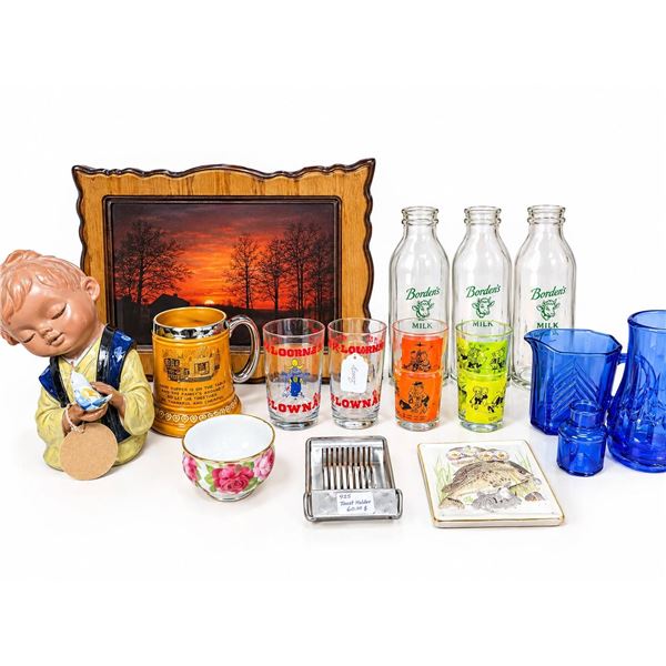 Lot German Beer Stein, MacDonald's Glasses, Milk Bottles, Blue Glassware