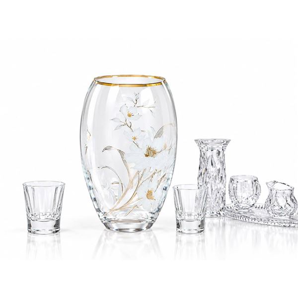 Glass Vase with White and Gold Floral Design, Shot Glasses and Crystal Pitcher Set