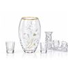 Image 1 : Glass Vase with White and Gold Floral Design, Shot Glasses and Crystal Pitcher Set