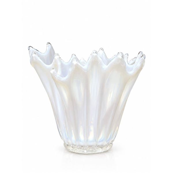 White Iridescent Ruffled Art Glass Bowl