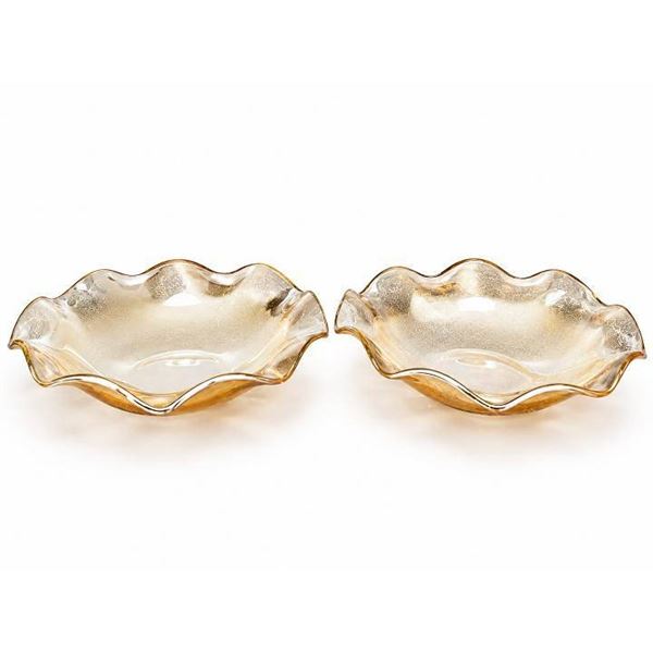 Amber-Tinted Ruffled Glass Bowls with Leaf Pattern