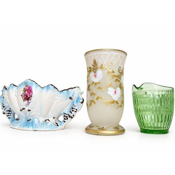 4 Decorative Vessels: Floral Vase, Planter, Green Creamer, Brown Handled Vase