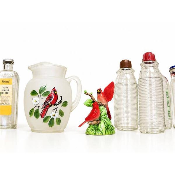 Vintage Kitchenware and Decor, Cracker Jack Tin, Glass Bottles, Ceramic Items