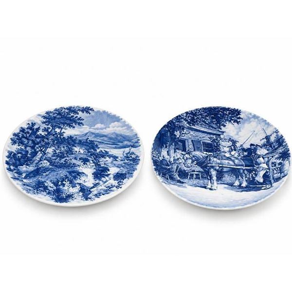 Two Blue and White Decorative Plates and Two Clear Glass Serving Platters
