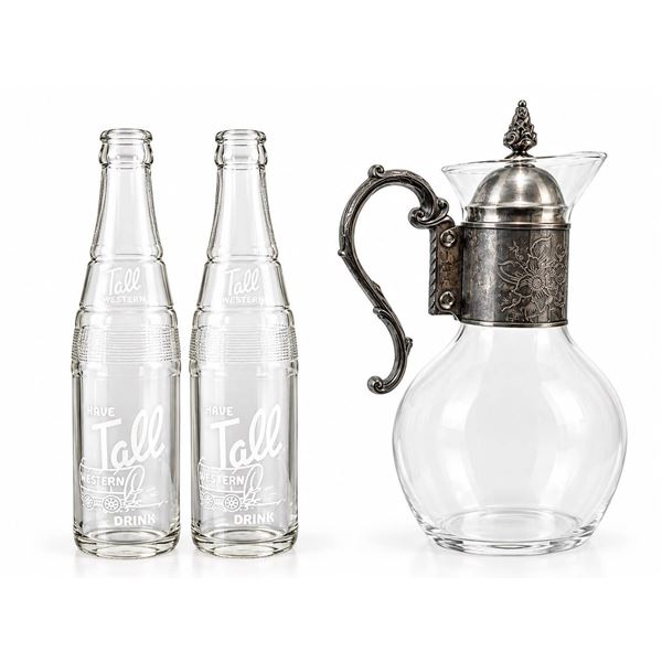 Pair Western Tall Soda Bottles With Glass Pitcher and Metal Handle