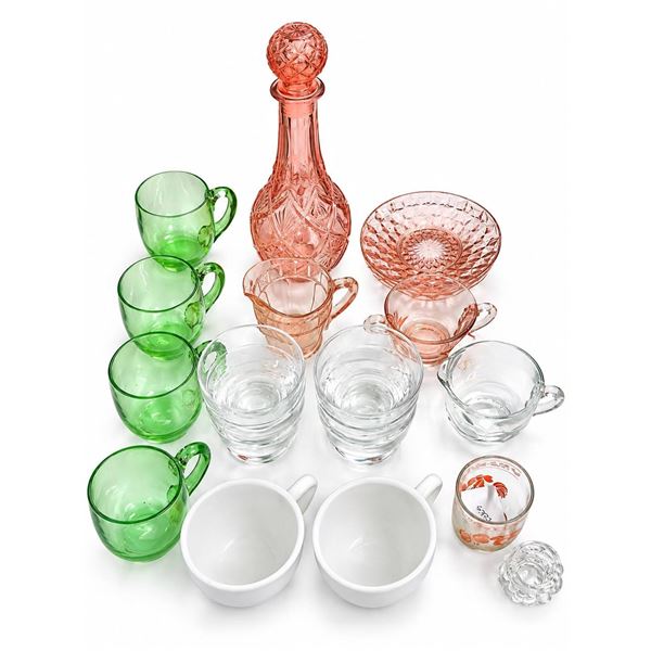 Glassware Lot Including Pink Decanter, Glass Cups, Creamer and Sugar Bowl