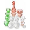 Image 1 : Glassware Lot Including Pink Decanter, Glass Cups, Creamer and Sugar Bowl