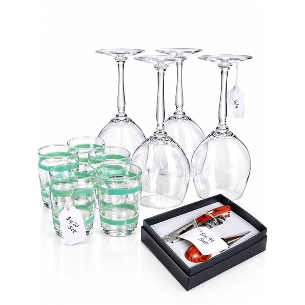 5 Green Band Glass Tumblers, 3 Wine Glasses, and Bar Tool Gift Set