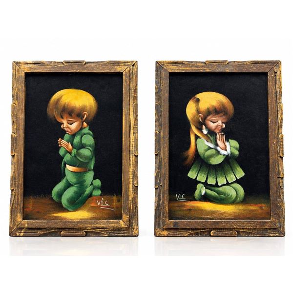 Vic Black Velvet Paintings Praying Boy and Girl in Wooden Frames