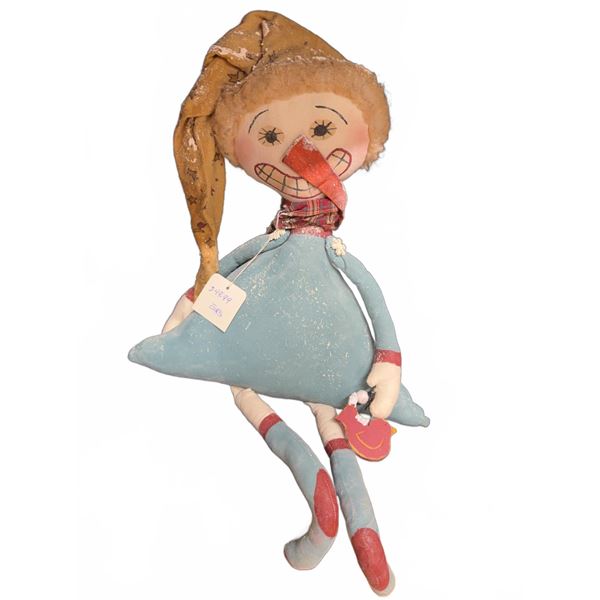 Handmade Fabric Snowman Doll with Blue Dress, Red Hat, Striped Legs, Heart Accessory