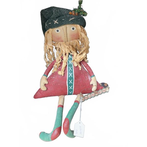 Folk Art Christmas Doll Soft Sculpture with Green Hat, Red Dress, Long Legs