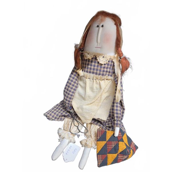 Handmade Rag Doll with Red Yarn Hair, Plaid Dress, Apron and Patchwork Quilt