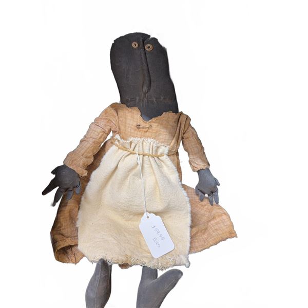 Handmade Cloth Rag Doll with Black Fabric Face, Button Eyes, Plaid Dress and Apron