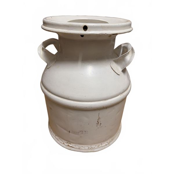 White Painted Metal Milk Can With Dual Handles And Vented Lid