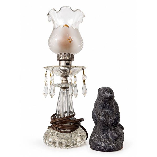 Glass Table Lamp With Crystal Prisms and Frosted Shade Plus Beaver Figurine