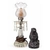 Image 1 : Glass Table Lamp With Crystal Prisms and Frosted Shade Plus Beaver Figurine