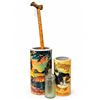 Image 1 : Pair Ceramic Poster-Style Umbrella Stands With Glass Bottle and Wooden Mallet