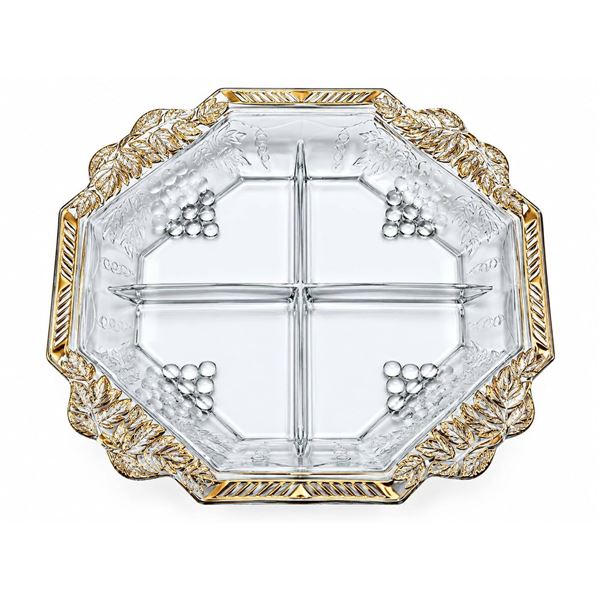 Divided Glass Serving Tray with Grape and Leaf Motif, Octagonal, Gold Trim